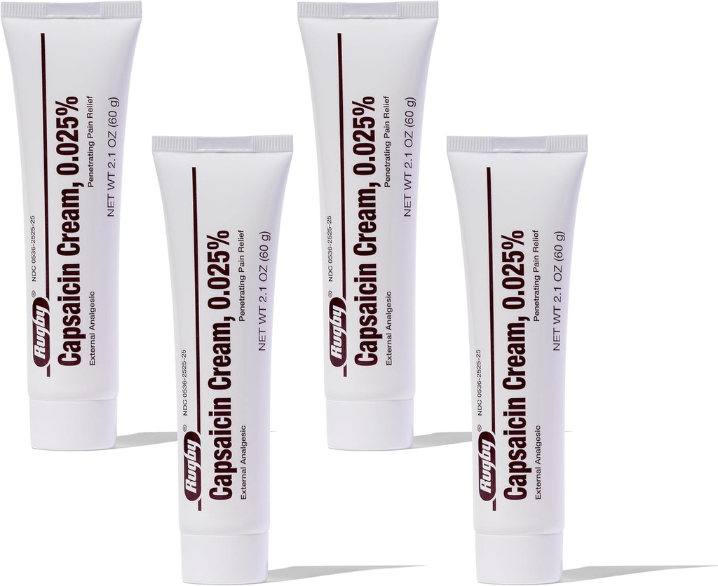 Rugby Capsaicin 0.025% Cream for Penetrating Pain Relief - 2.1 Oz (60g) (4 Pack)