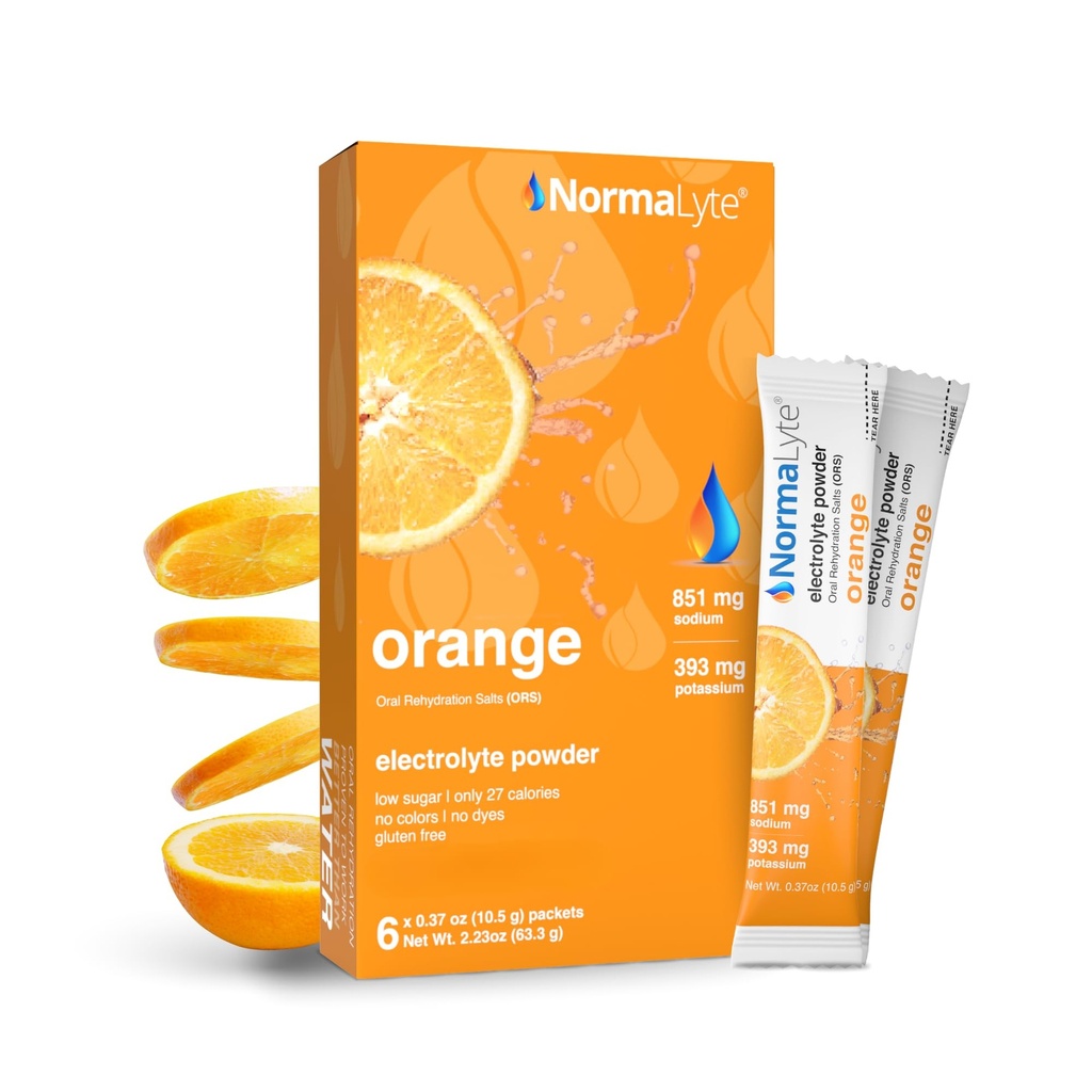 NormaLyte Oral Rehydration Salts- pakke med 6 (Orange) - 124; Elektrolyter, Energitilskud, Elektrolyter Pakninger, Hydration Sachet, Kalium Supplement, Vegan, Dehydrering Inddrivelse