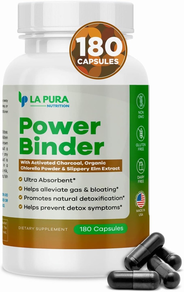 LaPura Power Binder Blend - Detox & Rengøring med aktiveret Charcoal, Organic Chlorella Powder & Slippery Elm Extract - Hjælper Allevate Gas & Bloating - fremmer naturlig afgiftning - 180 kapsler