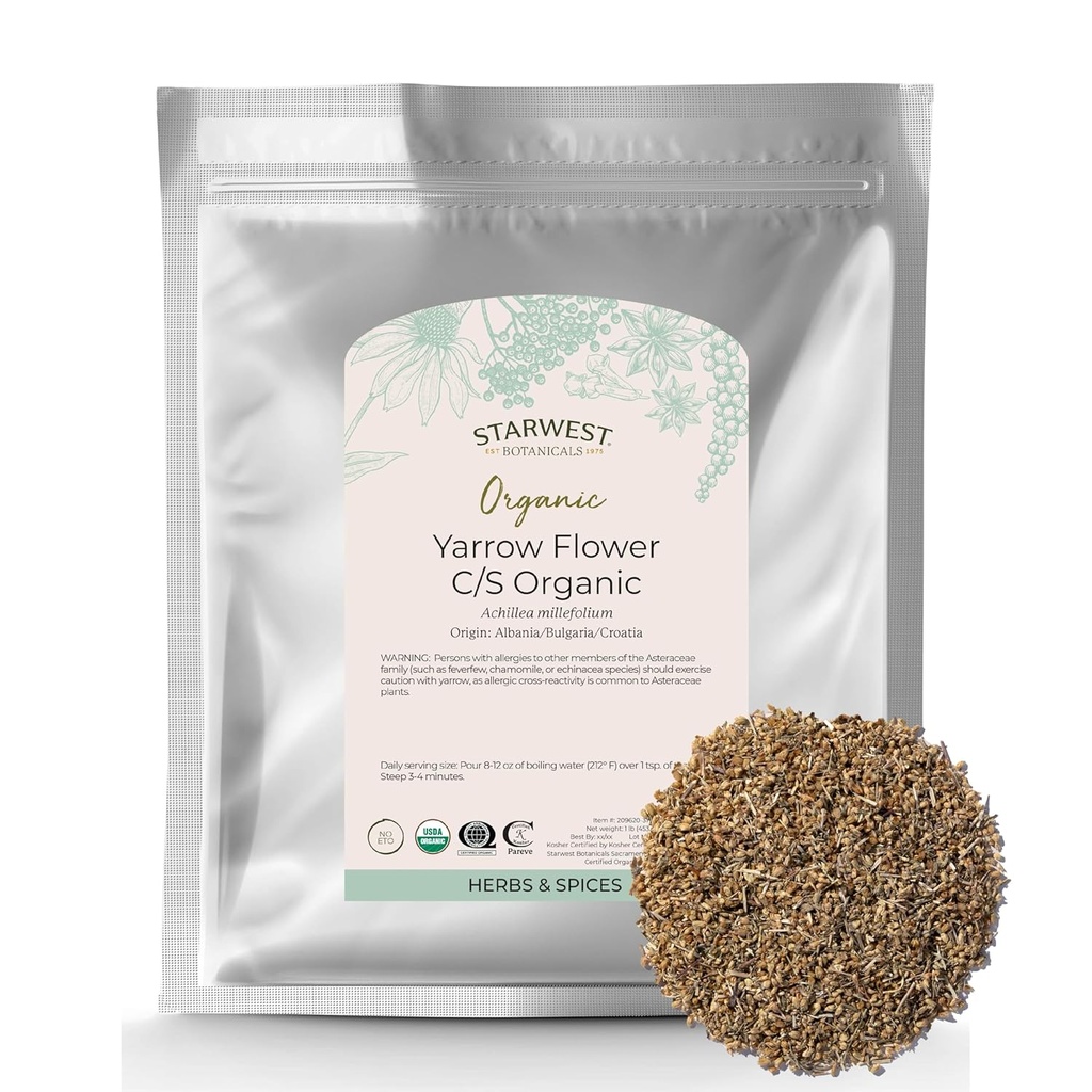 Starwest Botanicals Organic Yarrow Blomster - Tørret Loose Leaf Herb til te, tinkturer, & Natural Wellness, Cut & Sigted, Certified Kosher, Non- GMO - Bulk 1 LB taske