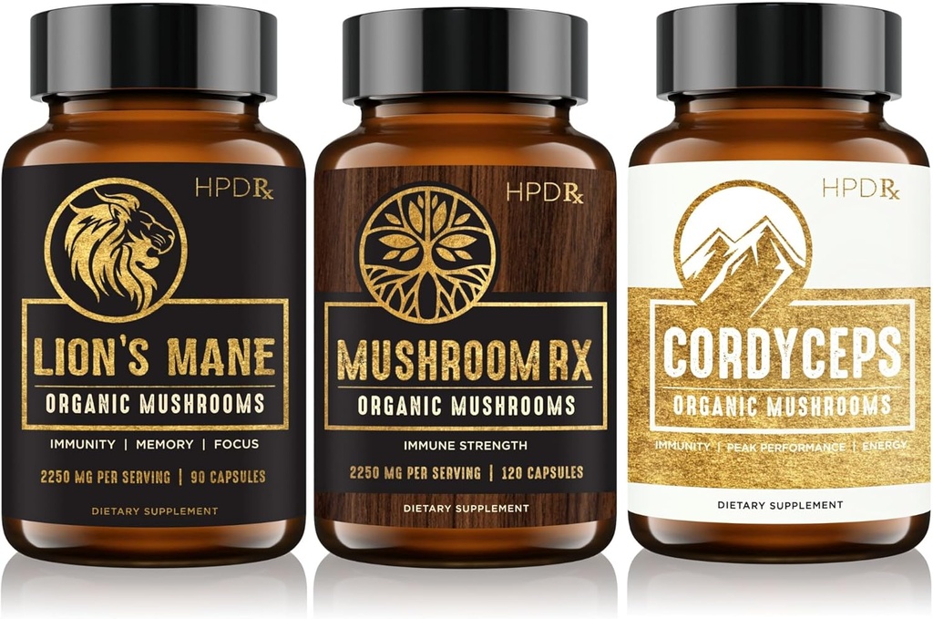 HPD Rx Organic Mushrooms Bundle # 124; Mushroom # Rx, Lions Mane & Cordyceps # 124; for Immunitet, Mind & Kropssundhed #