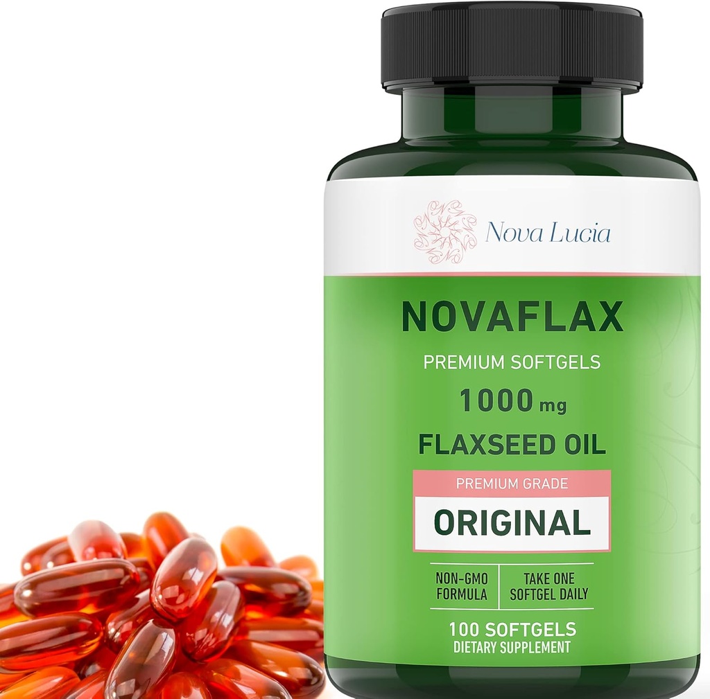 Nova Lucia Organic Flaxsee Oil Capsules 1000mg - Omega 3 6 9 Softgels for Hår, Hud & Nails - Non-GMO, Gluten- Free, Hexane- Free, Let at synke - 100 flydende softgels
