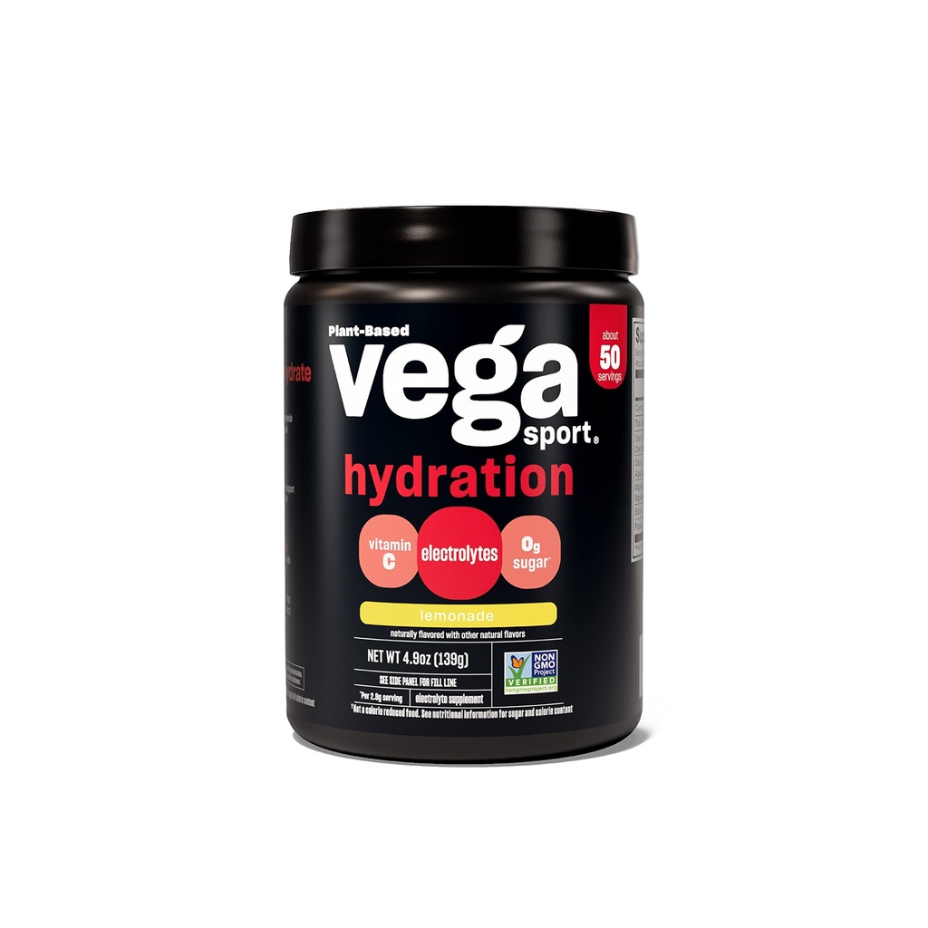 Vega Sport Hydration Electrolyte Powder, Lemonade - Post Workout Recovery Drink for kvinder og mænd, C-vitamin, Vegan, Keto, Sukker Free, Dairy Free, Gluten Free, Non GMO, 4.9 oz