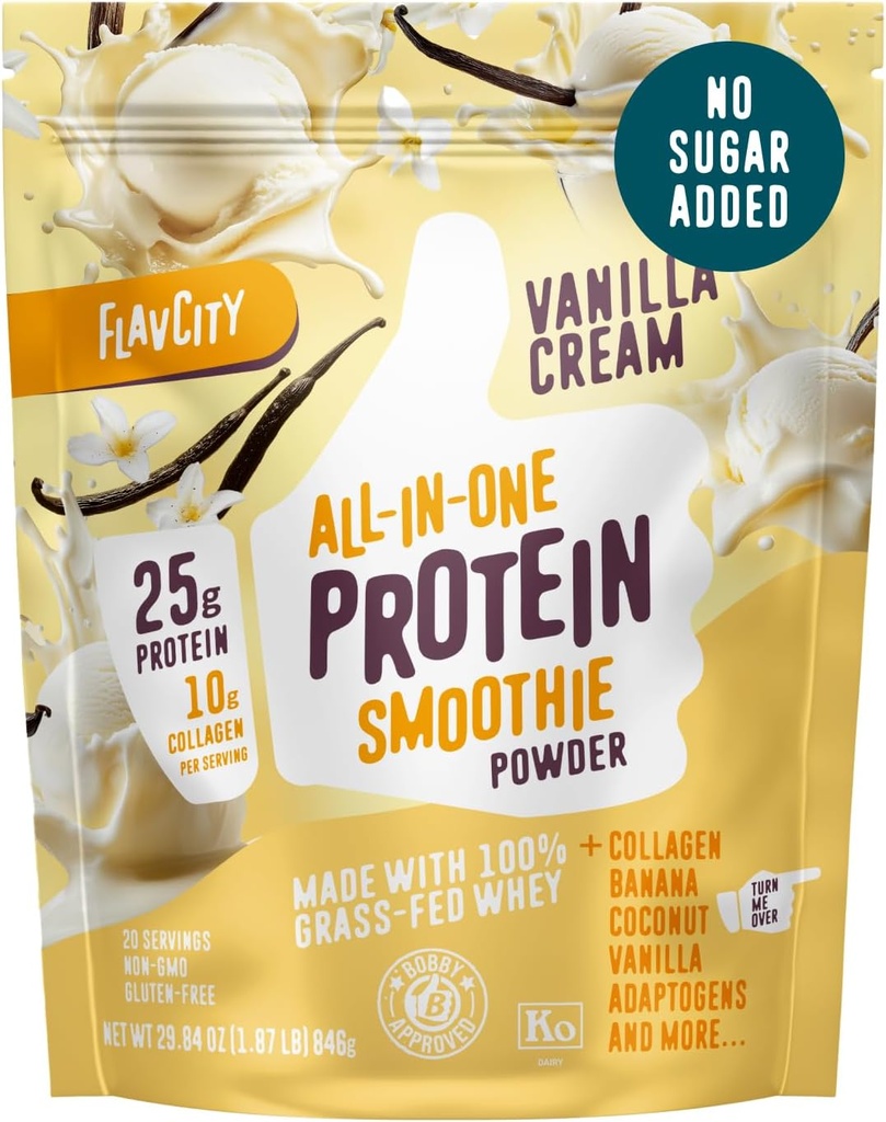 FlavCity Grass Fed Whey Protein Powder - Vanilla Smoothie - 25g Protein & 10g Collagen - Lavet med Real Vanilla Bean & Organic Coconut Milk - Gluten Free & Ingen Tilføjet sukkerarter (20 Servere)