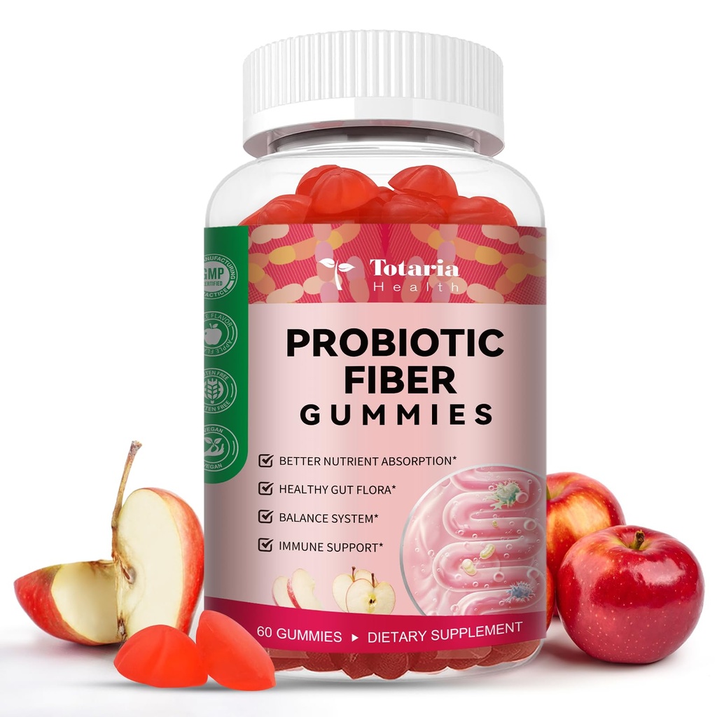 Totaria 9- in-1 Probiotiske fibre gummier for voksne & Teens 16G Fiber per servering, Psyllium Fiber supplement med 5 Millioner CFU Bacillus Coagulans, Inulin, ACV for fordøjelig & Gut Wellness - 60 Gummies