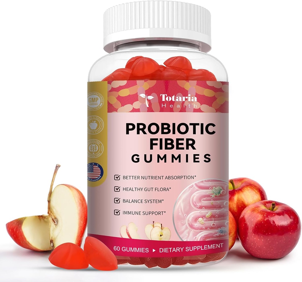 Totaria 9- in-1 Probiotiske fibre gummier for voksne & Teens 16G Fiber per servering, Psyllium Fiber supplement med 5 Millioner CFU Bacillus Coagulans, Inulin, ACV for fordøjelig & Gut Wellness - 60 Gummies