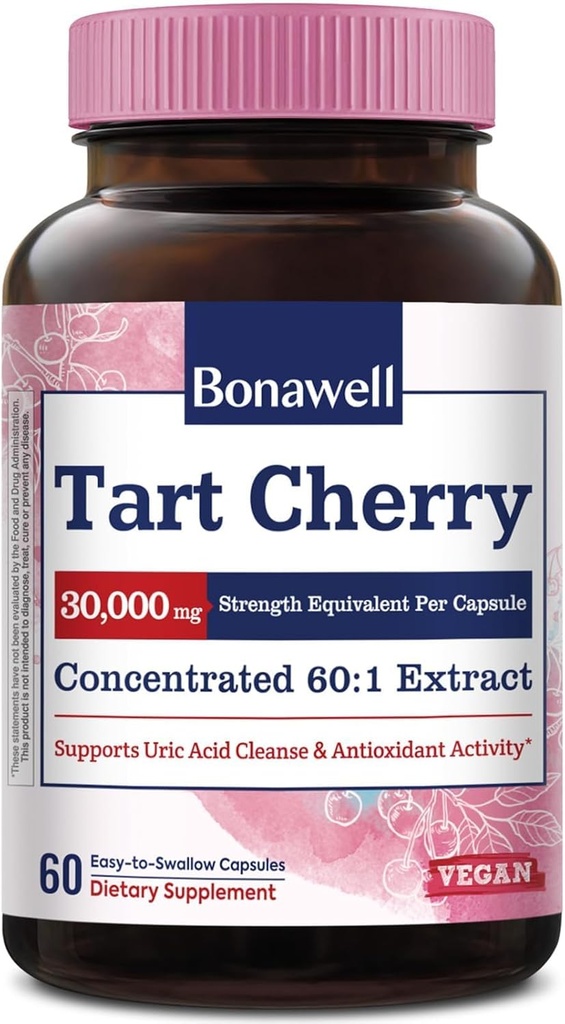 Bonawell Tart Cherry Kapsler 60: 1 Uddrag, 30000mg Styrke, Lavet af Montmorency Tart Cherries, Kraftig Uric Acid Cleanse, 2 Måned Supply, 60 Kapsler