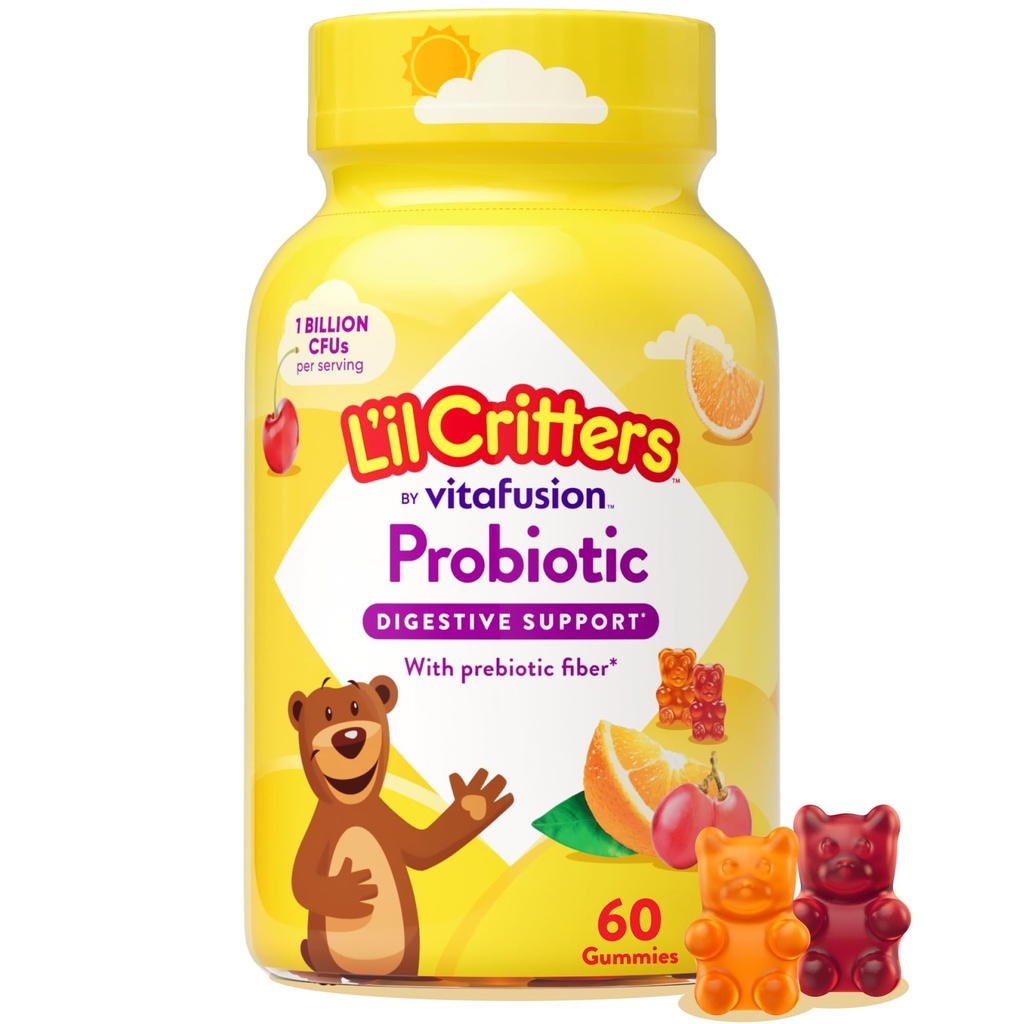 L 'il Critters Probiotiske Daglige Gummy supplement til børn, til fordøjelsesstøtte, Grape, Cherry og orange flavors, 60 Gummies