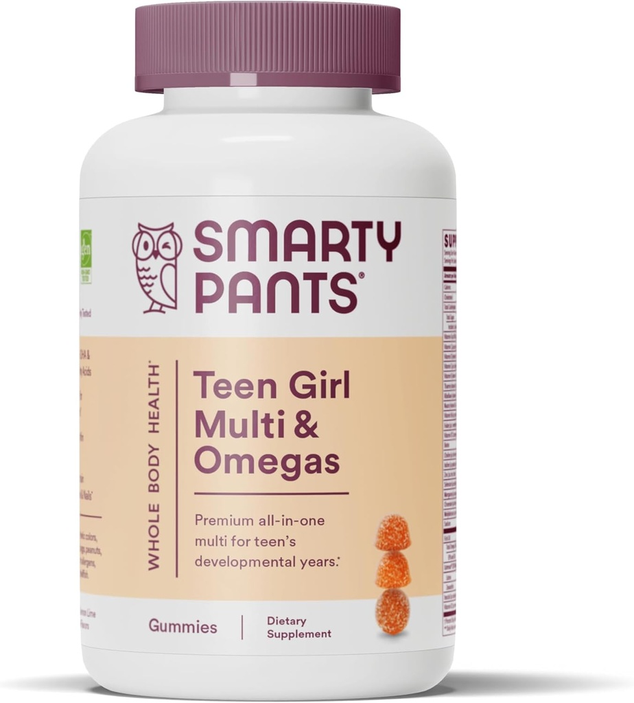 SmartyPants Teen Girl Multivitamin Gummies: Omega 3 Fish Oil (EPA / DHA), C-vitamin, D3, B12, vitamin A, K & Zink, Gluten Free, Inkluderer biotin til støtte hår, hud og negle, 120 Greve (30 dages forsyning)