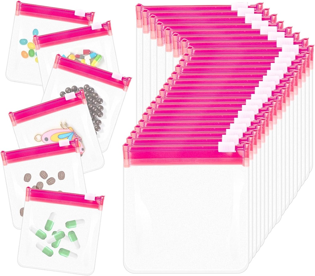 24 stk Travel Pill Pakker Pill Pouch Tasker Genanvendelig Zipplered Medicine Bag Sæt Self Sealing Clear Plastic Medicine Organizer med Slide Lock Tasker til piller små genstande Opbevaring, Pink