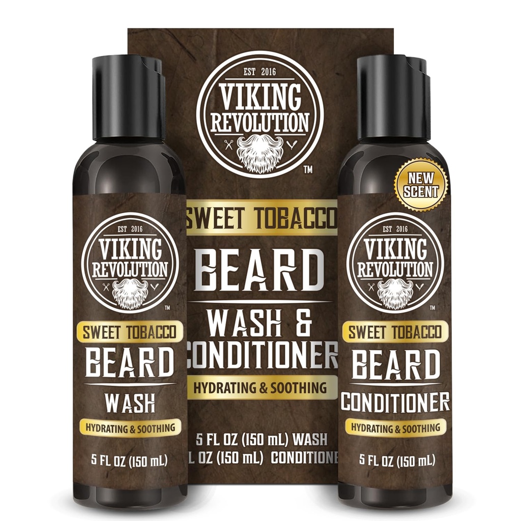Viking Revolution Beard Wash og Beard Conditioner til mænd med Argan Oil og Jojoba Oil - Beard Softener og Stronthener Beard Care Beard Shampoo og Conditioner med Beard Oil (5oz, Sweet Tobacco)