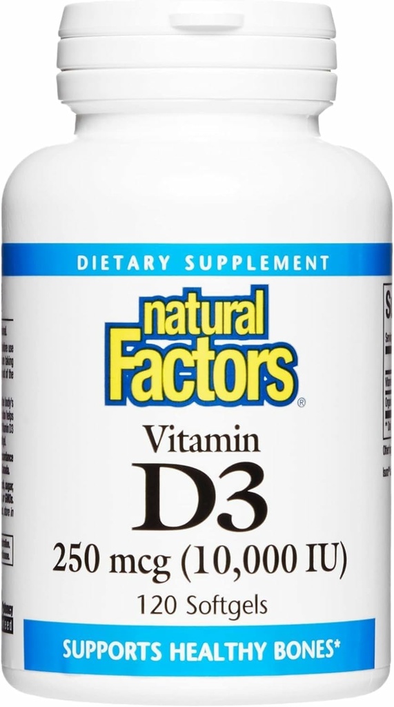 Naturlige faktorer Vitamin D3 - Dagligt tillæg for ben & støtte - Vitamin D supplement hjælpemidler sund immunsystemet funktion - Understøtter stærke Joints & Knees - 120 Softgels (120 Servere)