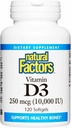 Naturlige faktorer Vitamin D3 - Dagligt tillæg for ben & støtte - Vitamin D supplement hjælpemidler sund immunsystemet funktion - Understøtter stærke Joints & Knees - 120 Softgels (120 Servere)