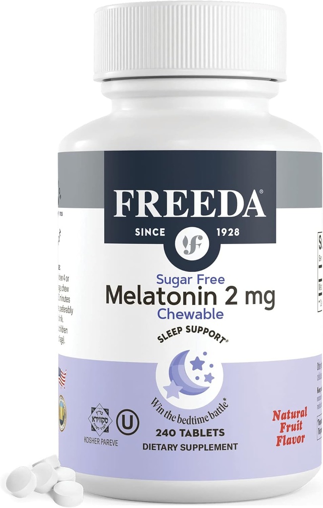 FREEDA Melatonin 2mg Sugar- Free Chewables - Natural Sleep Aid til voksne & Børn - Vegan, Kosher, Gluten- Free, Non- GMO, Easy Bedtime Support - 240 tabletter