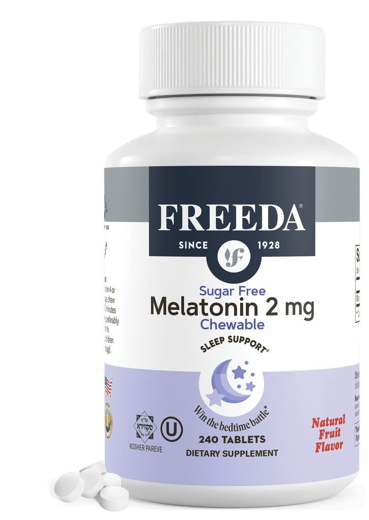 FREEDA Melatonin 2mg Sugar- Free Chewables - Natural Sleep Aid til voksne & Børn - Vegan, Kosher, Gluten- Free, Non- GMO, Easy Bedtime Support - 240 tabletter