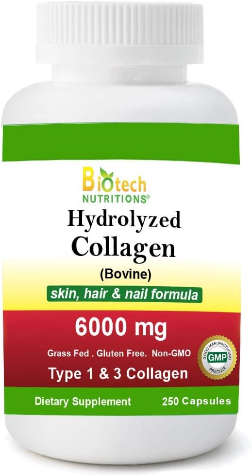 Hydrolyseret collagen Bovine Type 1 & 3 6000 mg Servering 250 tabletter Græs Fed Gluten Gratis Non- GMO