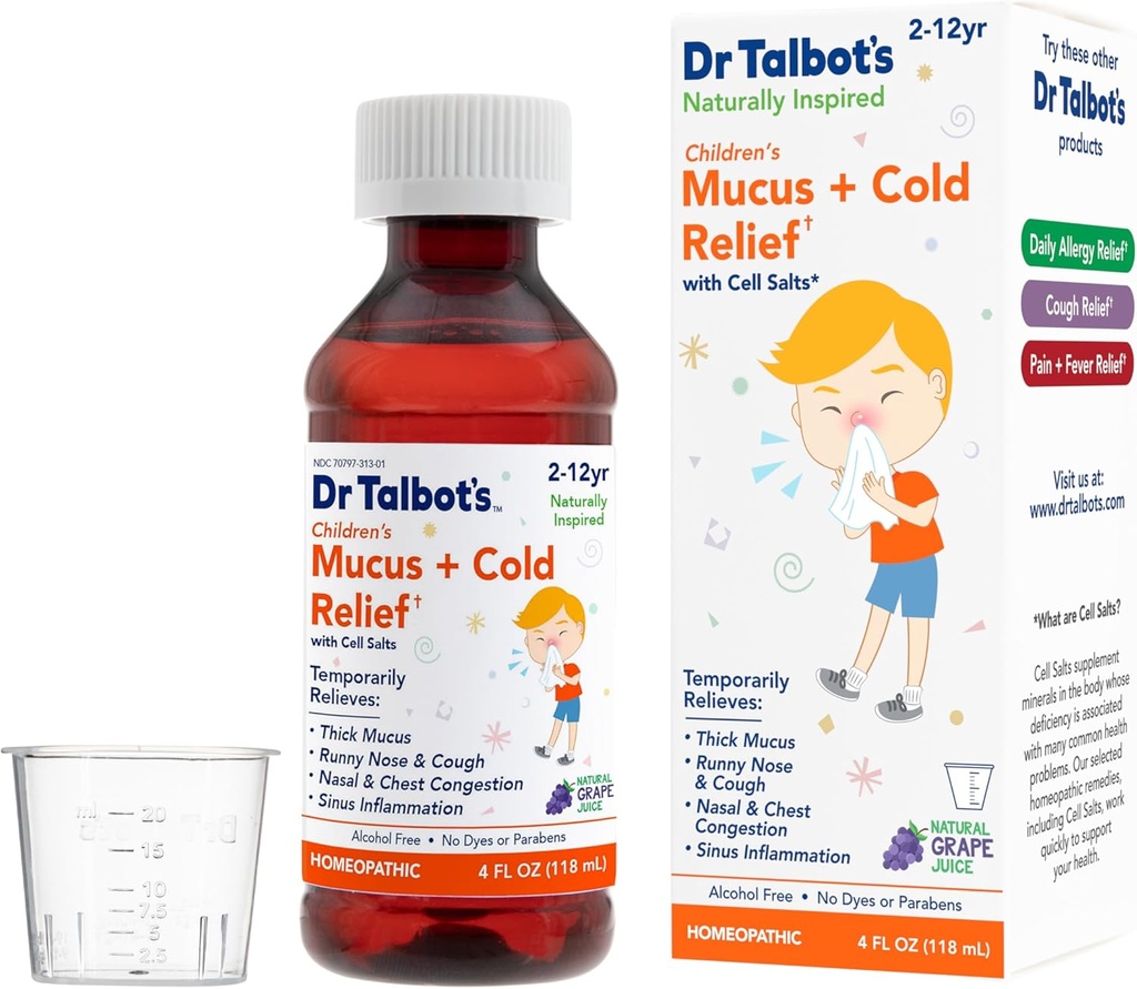 Dr. Talbot 's Mucus + Cold Relief Liquid Medicine, naturligt inspireret, for børn, Inkluderer dosering Cup, Natural Grape Juice Flavor, 4 Fl Oz