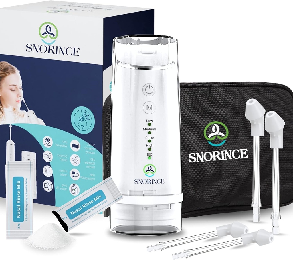 Nasal kunstvanding System til Sinus Relief - Portable Cordless Electric Neti Pot Næse Cleaner - Sinus Flush Kit til voksne & Børn, Home & Rejser med 4 Rinse Modes, 4 dyser, 40 salt pakker