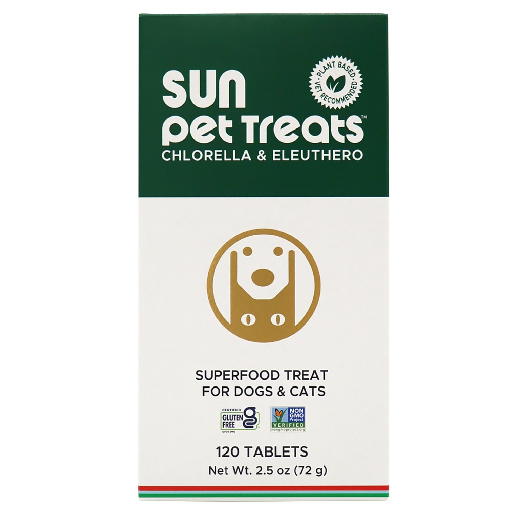 Sun Chlorella Sun Pet Treats Green Superfood Cat & Dog Supplement - Chlorophyll Eleuthero & Lecithin, mineraler, Antioxidanter & Vitaminer til hunde & katte - Immunforsvar, Hud & Gut Sundhed - 120 Bites
