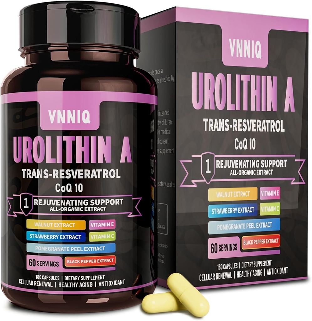 Urolithin A Supplement, 9- in-1 Kompleks med Urolithin- -, Trans- Resveratrol, CoQ10, og 6 Væsentlige anti-Aging næringsstoffer, Understøtter Anti- Aging, Cellular Reparation, Energi & Focus -180 Kapsler