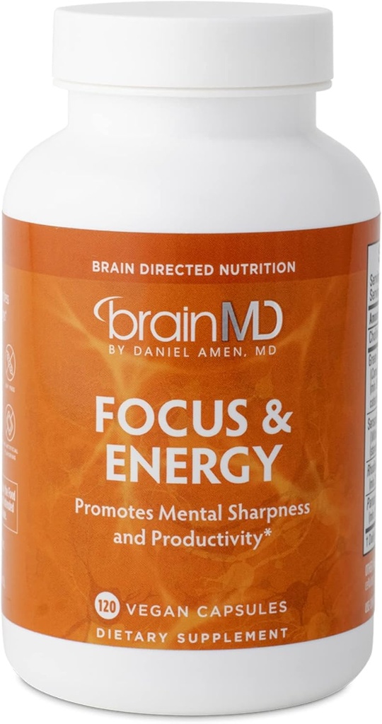 Dr. Amen BrainMD Focus & Energy - 120 kapsler - Mental Endurance Booster, fremmer koncentration og opmærksomhed - Koffein fri, Gluten fri - 30 Servere