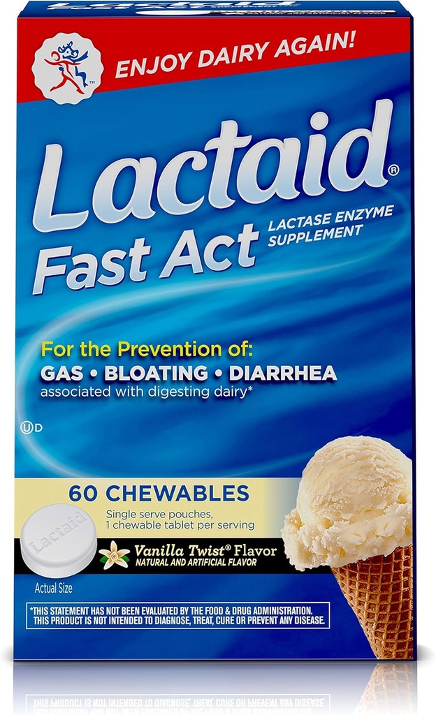 Lactaid Fast Act Lactose Intolerance Chewables med Lactase Enzymes, Vanilla Twist, 60 Pks 1ct.
