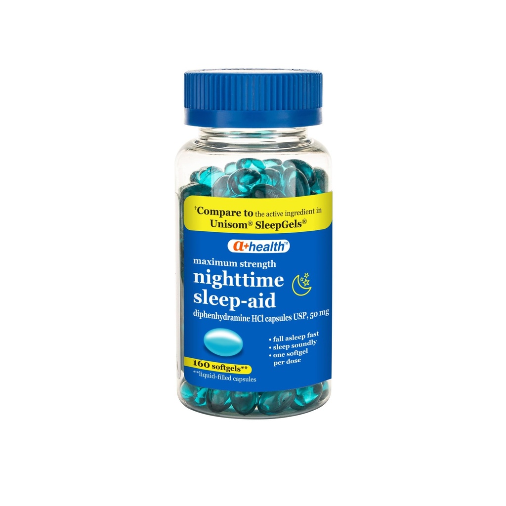 A + sundhed Nighttime Sleep Aid Diphenhydramin 50 mg Softels, Maksimal styrke, 160 Tæl