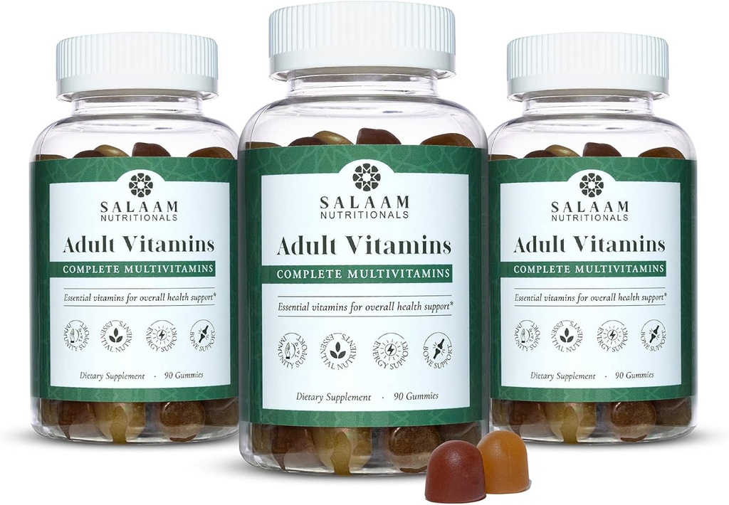 Salaam Nutritionals - Voksne Multivitaminer, Vitamin Gummies til kvinder og mænd, Multivitaminer til voksne med 11 essentielle vitaminer og mineraler, 90 Greve, 3 pakker