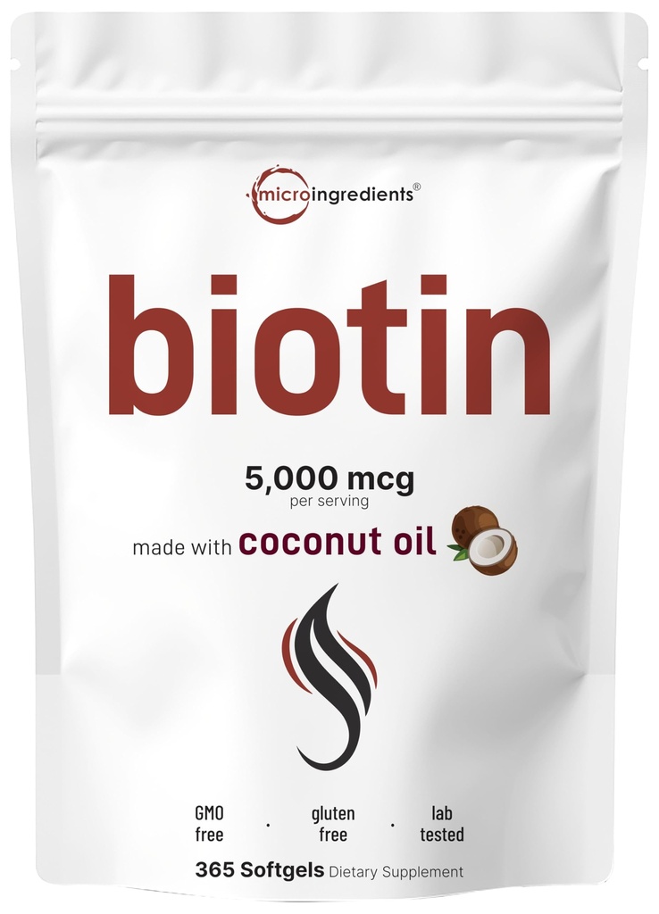 Micro Ingredients Biotin 5,000mcg- 124; 365 Virgin Coconut Oil Softgels, Fast Release, One Year Supply - 124; Understøtter sundt hår, hud, & Nails - 124; Non- GMO, No Gluten