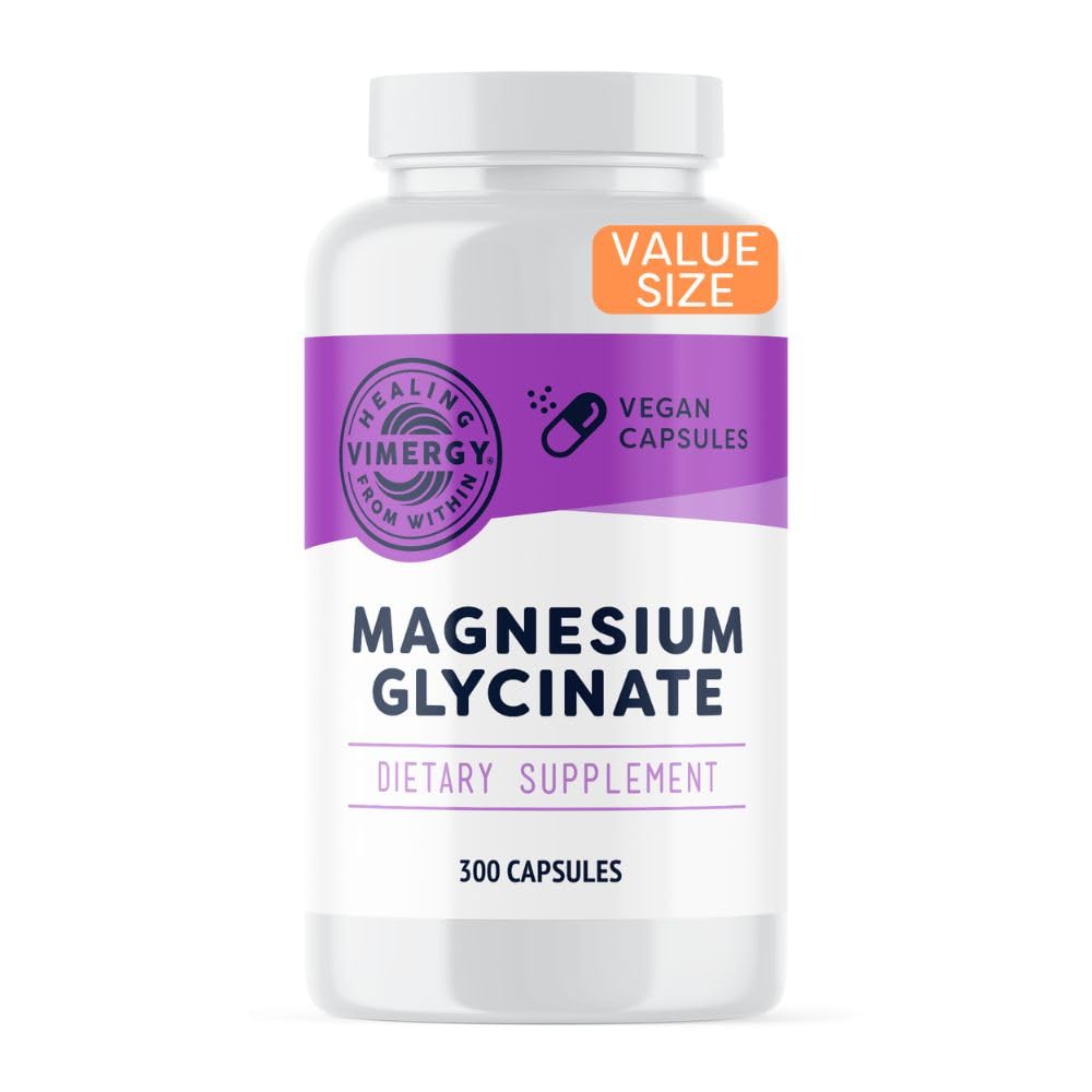 Vimergy Magnesium Glycinate - Stress Support - Chelated for at undgå ummy upset * - fremmer hjerte sundhed og energi * - Kosher, Vegan Gluten- Free - 300 Caps