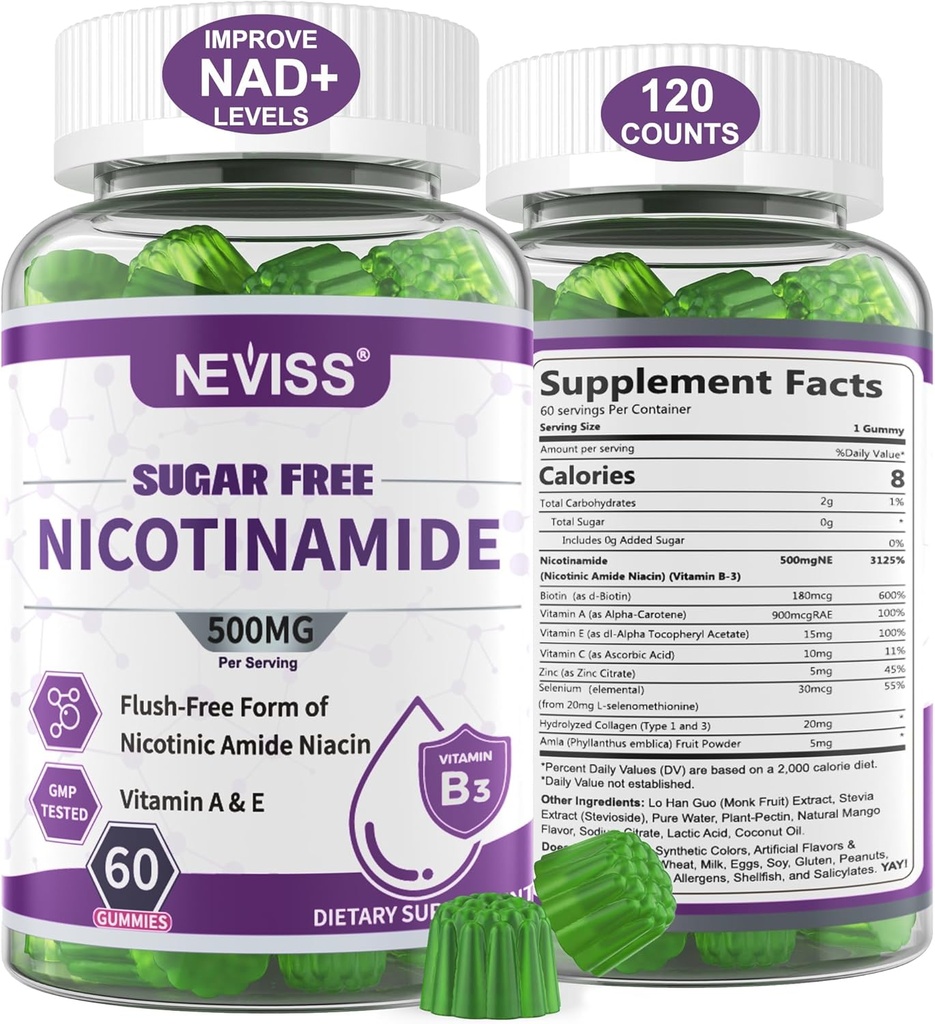 Sugar Free Nicotinamid 500mg Gummies, (Flush Free Niacin) Vitamin B3 Niacinamid supplement til cellulær energi Metabolisme & Reparation, Vitality, sund aldring, Cranberry Flavor, Let at tygge, 120 Cts
