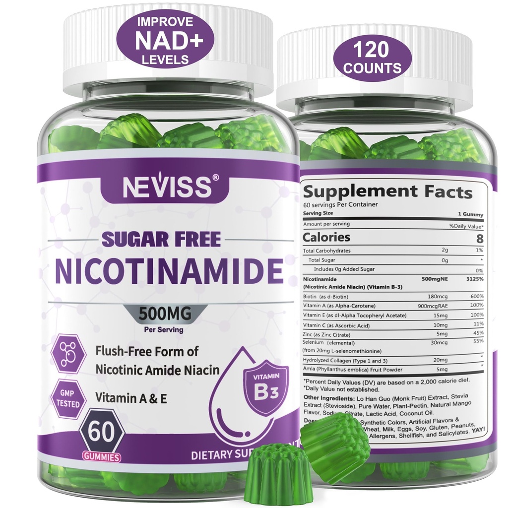 Sugar Free Nicotinamid 500mg Gummies, (Flush Free Niacin) Vitamin B3 Niacinamid supplement til cellulær energi Metabolisme & Reparation, Vitality, sund aldring, Cranberry Flavor, Let at tygge, 120 Cts