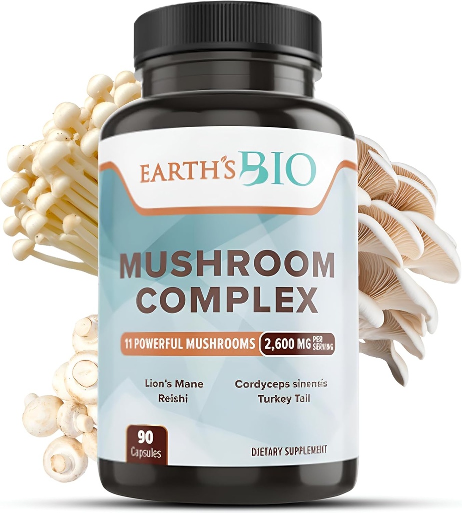 Jordens Bio Mushroom Supplement Complex 2,600 mg per servering, 90 Caps, med Organic Lions Mane Mushroom, Tyrkiet Hale, Enoki Agaricus, Hvid Button & Oyster Mushroom - Memory & Immunforsvar