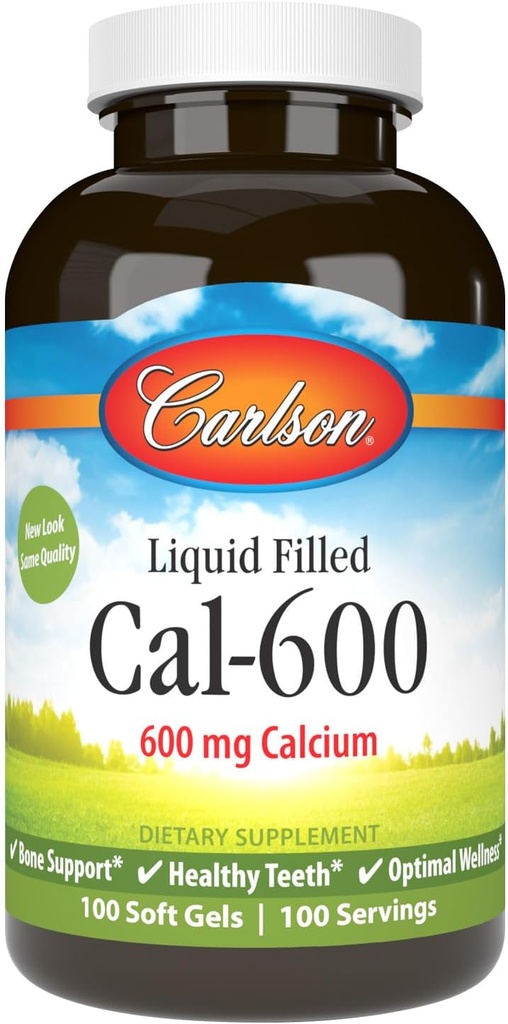 Carlson - Cal- 600, 600 mg Calcium, Knoglestøtte, Sunde tænder & Optimal Wellness, 100 Softgels