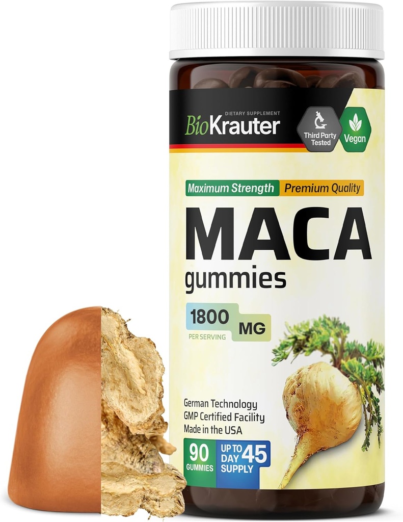 Maca Root Gummies - 1800 mg Styrke - 90 Veganske Tyre - Naturlig støtte til kvinder & mænd - Peruvian Maca Root Supplement - Banana Flavour Tyre
