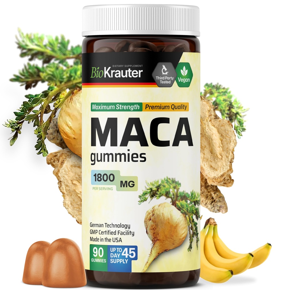 Maca Root Gummies - 1800 mg Styrke - 90 Veganske Tyre - Naturlig støtte til kvinder & mænd - Peruvian Maca Root Supplement - Banana Flavour Tyre