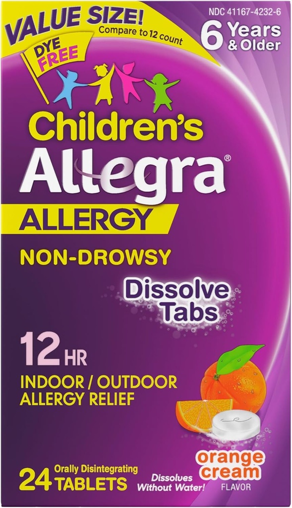 Allegra Children 's 12- Hour Allergy Relief Orally Opløsning Tablets, Non- Drowsy Indoor and Outdoor Allergy Medicine, 30 mg Fexofenadine HCI Antihistamin til børn, Orange Cream Flavor, 24- Greve