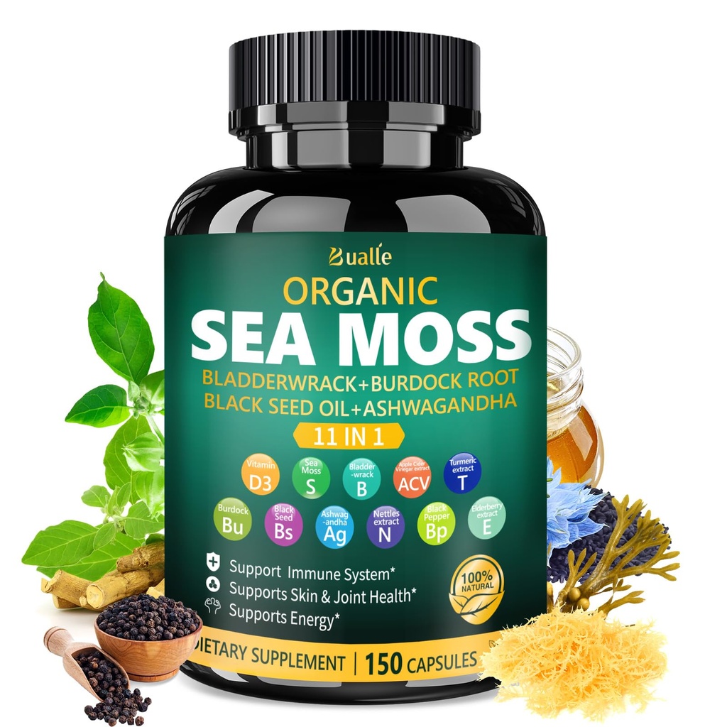 Bualle Irish Sea Moss Capsules - Organic Sea Moss, Black Seed Oil, Ashwagandha Kosttilskud med Bladderwrack, Ginger & Burdock Root - understøtter daglige wellness, hud og energi - 150 kapsler (1 pakke)
