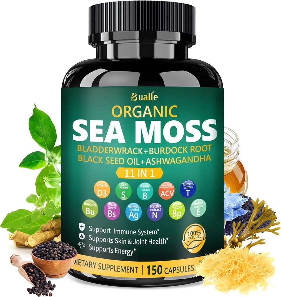 Bualle Irish Sea Moss Capsules - Organic Sea Moss, Black Seed Oil, Ashwagandha Kosttilskud med Bladderwrack, Ginger & Burdock Root - understøtter daglige wellness, hud og energi - 150 kapsler (1 pakke)