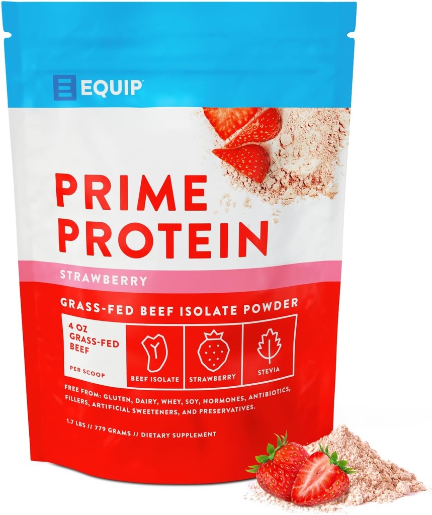 Equip Foods Prime Protein Powder | Clean, Grass Fed Beef Protein Powder | Carnivore Protein Isolate | Paleo, Keto Friendly | Gluten & Dairy Free | Helps Build & Repair Tissue | 30 Servings, Strawberry