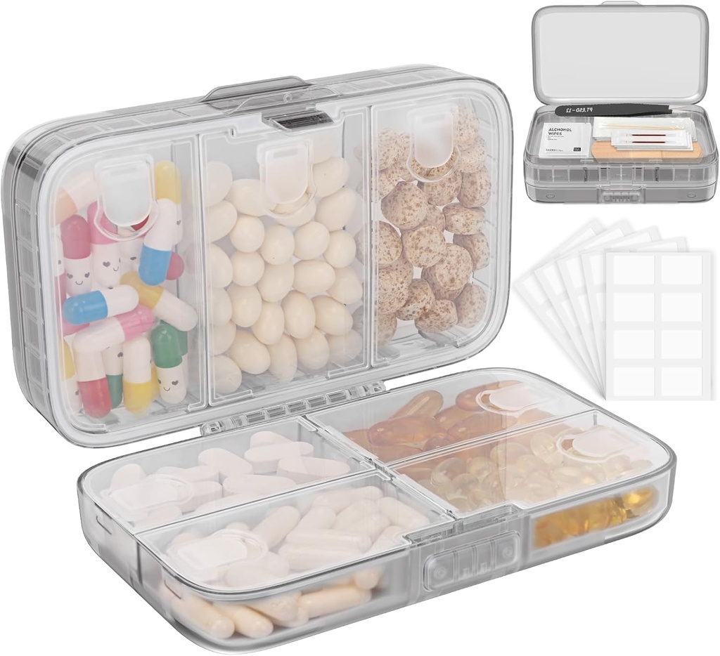FEST Weekly Pill Organizer med etiketter, 8 Compartments Travel Daily Pill Case lufttæt Fugtfast Stor Pill Box til at holde vitaminer, fiskeolie, kosttilskud, bomuld swab og Bandages- Grey