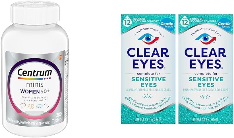 Centrum Minis Sølv kvinders Multivitamin til kvinder 50 Plus, Multimineral supplement med vitamin D3, B Vitaminer, non-GMO ingredienser, understøtter hukommelse og kognition hos ældre voksne - 280 Ct & Clear Eyes, følsomme øjne, øjendråber, 0,5 Oz, 2 Pack