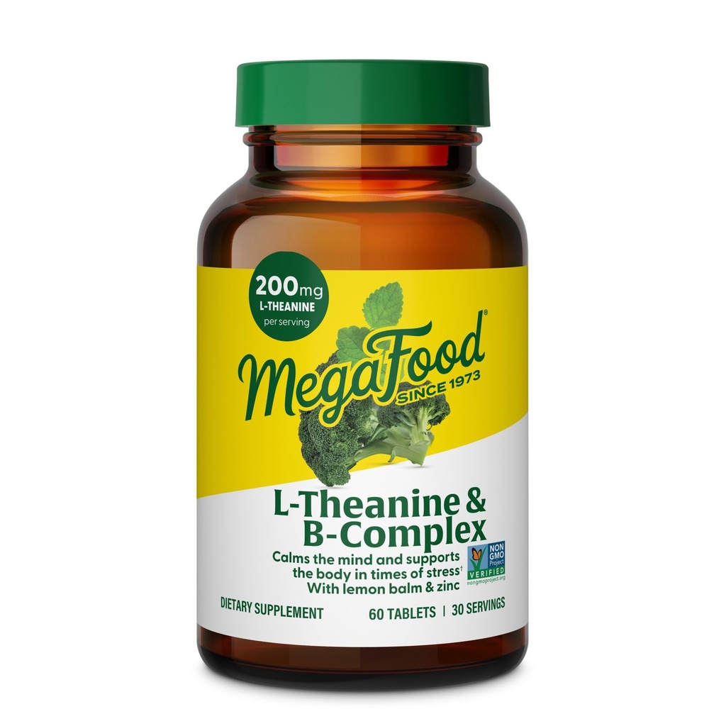 MegaFood L- Theanine & vitamin B Complex - 200 mg L Theanine Supplement med B Complex vitaminer til kvinder & mænd - Plus Lemon Balm Leaf & Zink - Vegan, Gluten Free, Non- GMO - 60 tabletter, 30 Servere