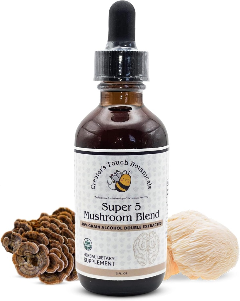 Skaberens Touch Botanicals, Super 5, Mushroom, Blend 2 fl oz med Reishi, Tyrkiet Tail, Lions Mane, Chaga og Maitake Mushrooms til immunforsvar. Dobbelt, Macerated.