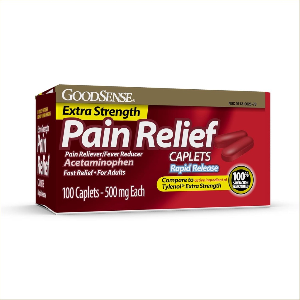 GoodSense Rapid Release Pain Relief, Acetaminophen Caplets 500 mg, Extra Strength Pain Reliever and Fever Reducer, 100 Count