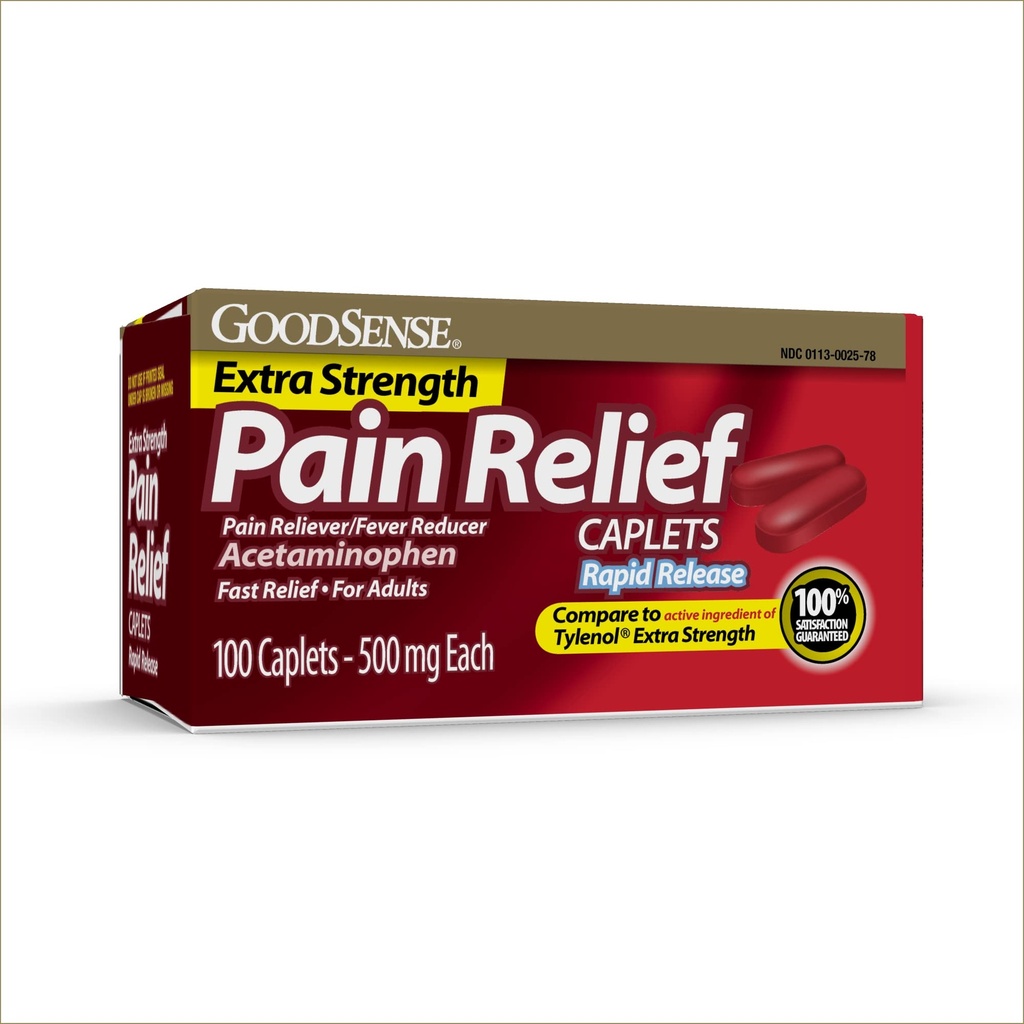 GoodSense Rapid Release Pain Relief, Acetaminophen Caplets 500 mg, Extra Strength Pain Reliever og Feber Reducer, 100 Greve