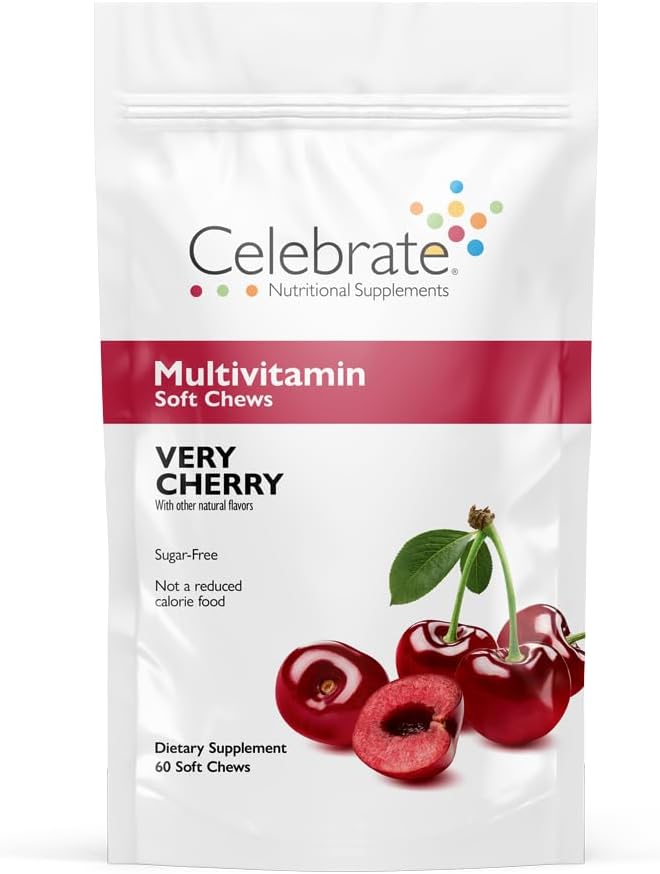 Celebrate Vitamin Bariatric Multivitamin Soft Chews - Essential Vitamin & Minerals, Sugar & Gluten Free - Gastric Bypass & Sleeve Gastrectomy Supplement - Cherry (60ct)