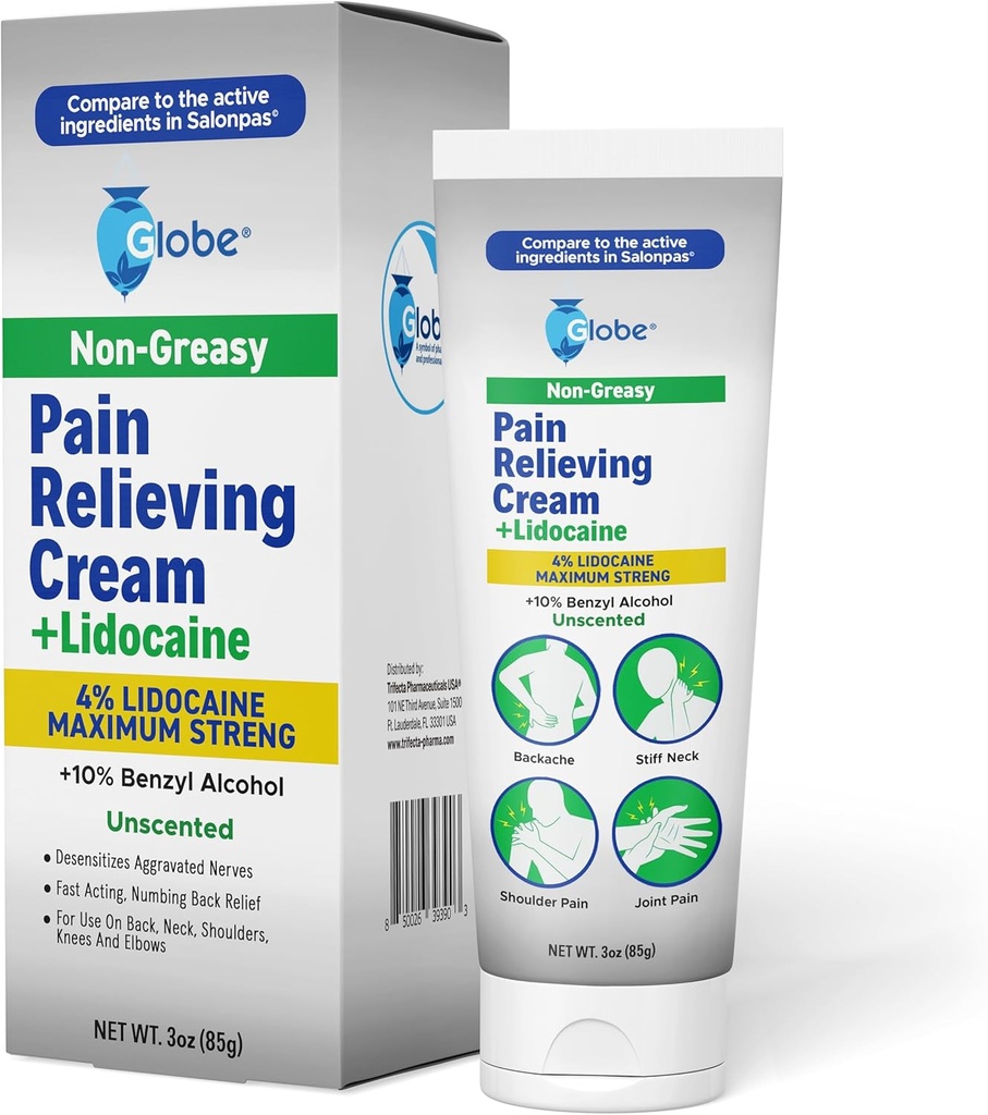 Globe smertelindring Cream Plus 4% Lidocain, Maksimal styrkenummerering Relief, Hurtig fungerende tematisk terapi for muskelsmerter, fælles smerte, rygsmerter, Halssmerter, ømhed, Sprains & spasmer, Undufted, 3oz