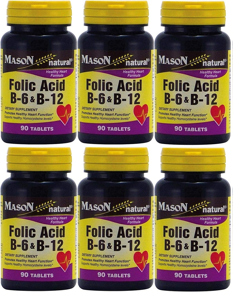 Mason Vitaminer Folinsyre B- 6 & B12 Heart Health Formel 90 tabletter per flaske Pakning med 6 Total 540 tabletter