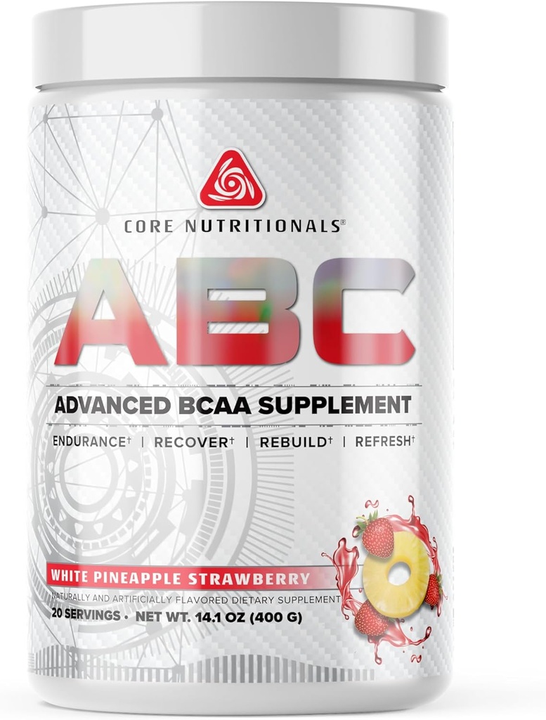 Core Nutritionals ABC Advanced BCAA Supplement Note 124; Amino Acid Recovery Blend Note 124; med Glutamin, Beta Alanine, Citrullin Malate Budding 124; 20 Servere (hvid ananas jordbær)